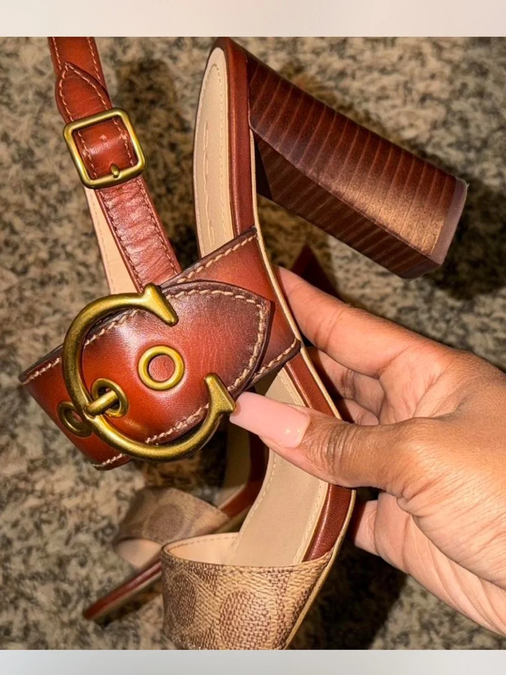 Coach Brown Leather & Signature Canvas Block Heel Sandals